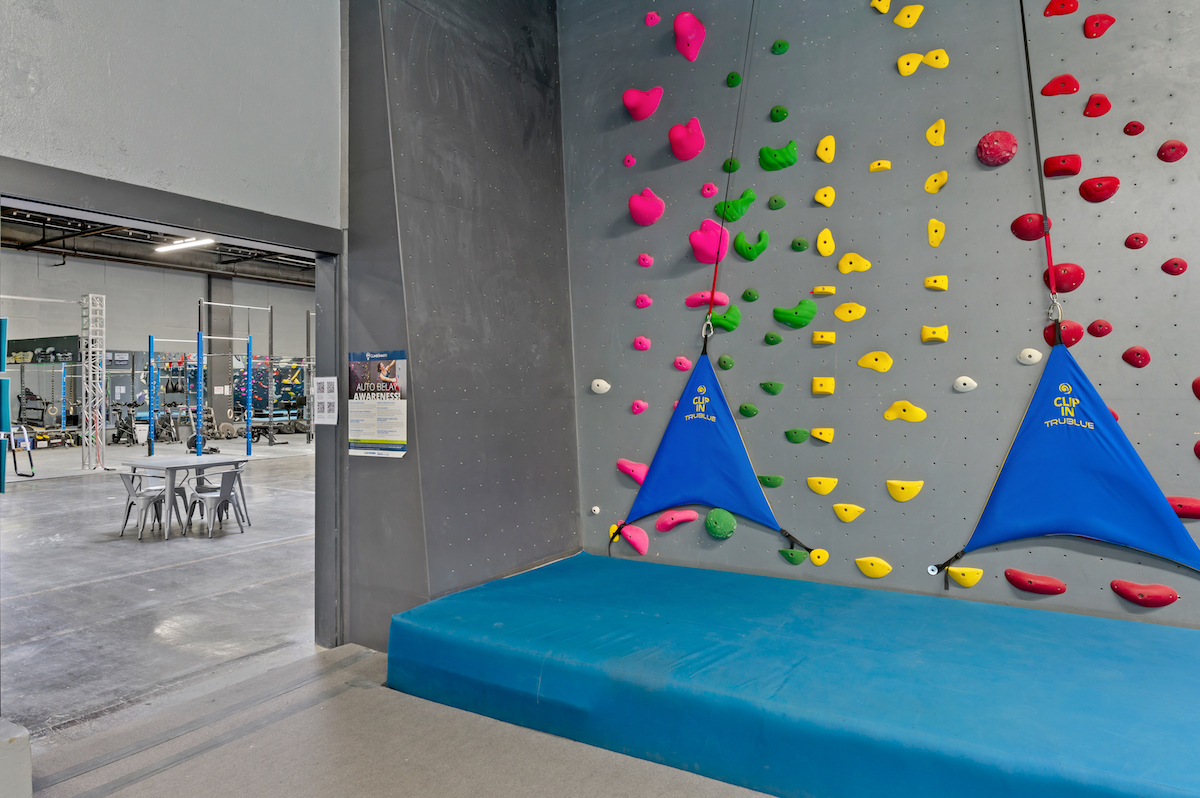 the kids wall in the ninja zone has bright holds and easier climbs with autobelays